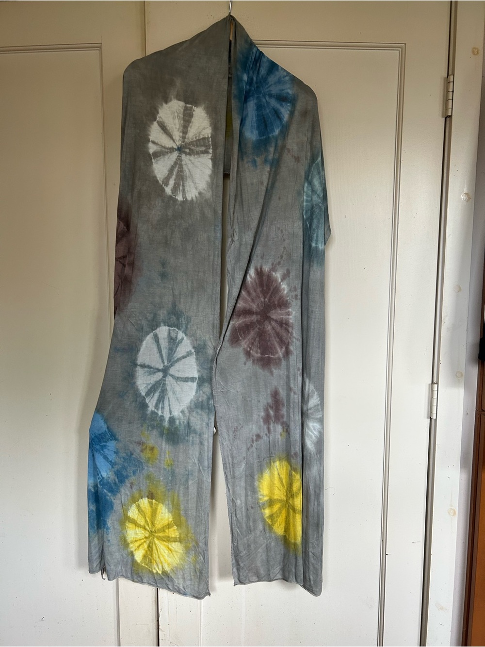 Chan Luu Gray Shibori Sunburst Tie-Dye Wrap Scarf with Blue, Yellow & White
